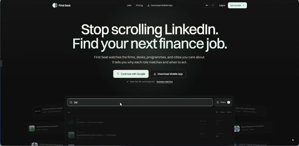 First Seat's actual homepage: a focused finance job search, a clear headline and filters beneath it.