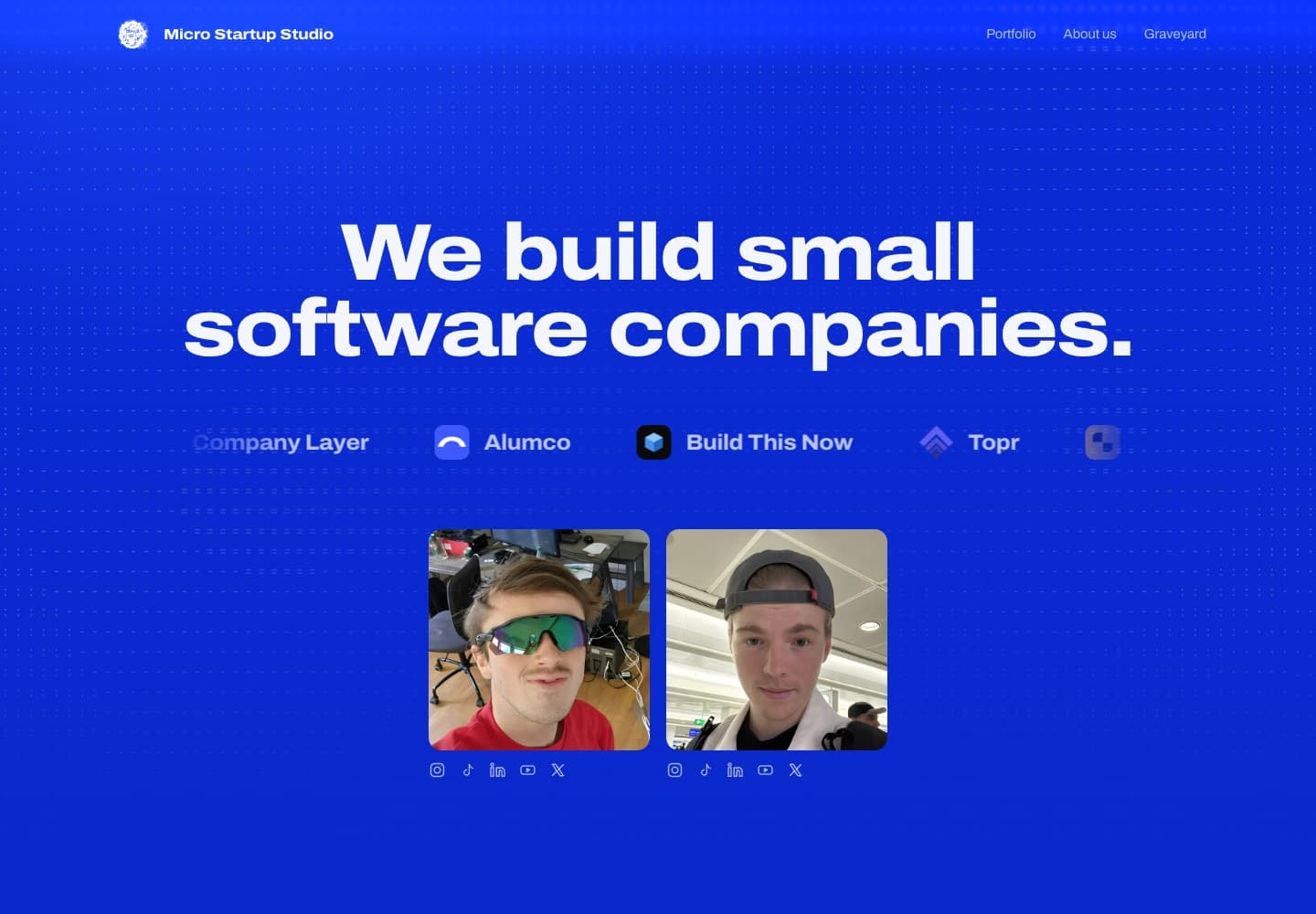 The live Micro Startup Studio portfolio: a cobalt blue hero, real founder photos, product logos and contextual ASCII texture.